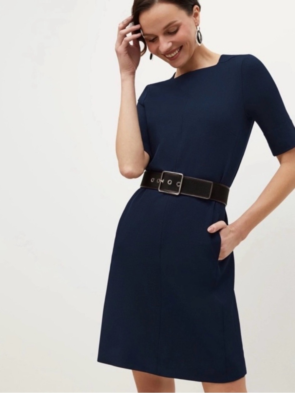MM. LaFleur Navy Short Sleeve Sheath Dress with Belt Detail